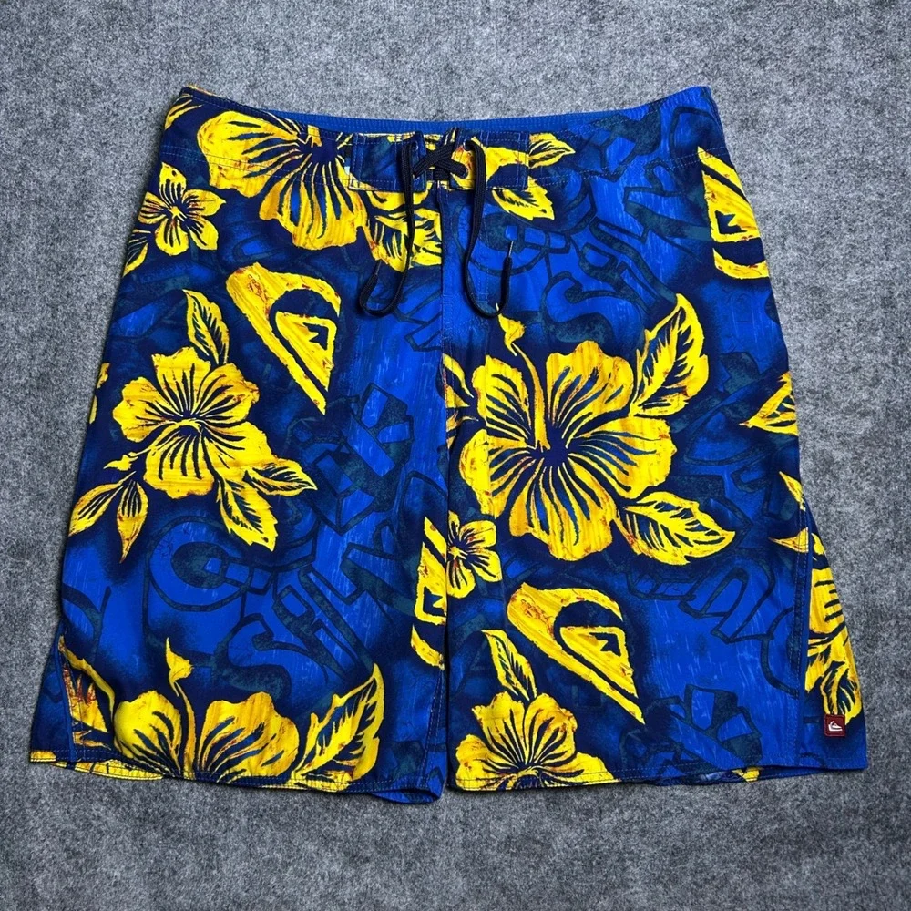 Quiksilver Board Shorts Blue Yellow Hibiscus Floral Vintage Skater Men Size 38